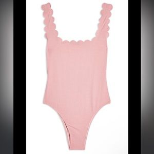 TOPSHOP Pink Scallop Ribbed Scoop Neck Non Padded Bust Swimsuit